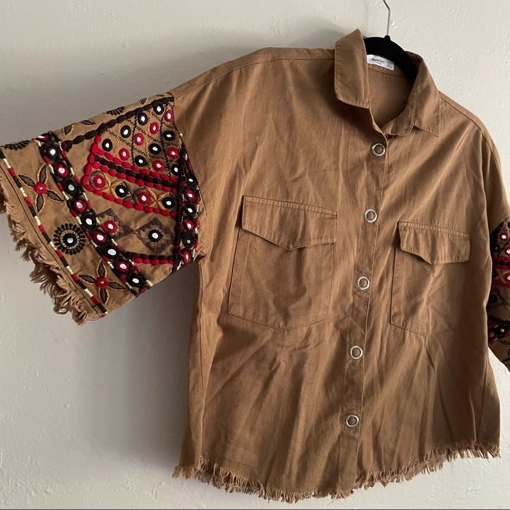 NWOT MANGO Casual Brown Cropped Embroidered Shirt - Picture 2 of 7
